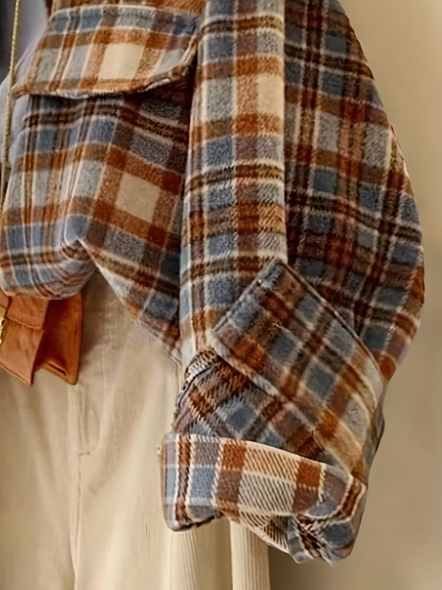 Rutig Overshirt i Mjukt Material med Bröstfickor, Flerfärgad