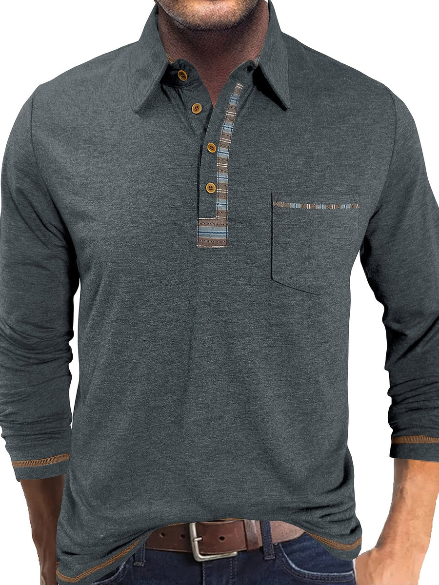Herr Långärmad Pikétröja med Krage och Bröstficka