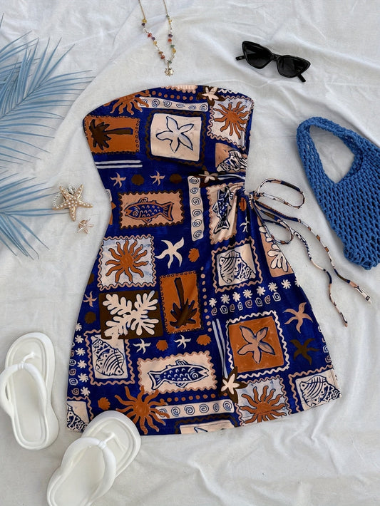 Dam Strandklänning Med Bandeau-Design Och Tropiska Motiv – Perfekt För Semester Och Sommar