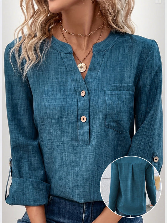 Dam Blus Vardagsstil med Enkel Fickdetalj och Knappar – Perfekt för Kontor och Fritid