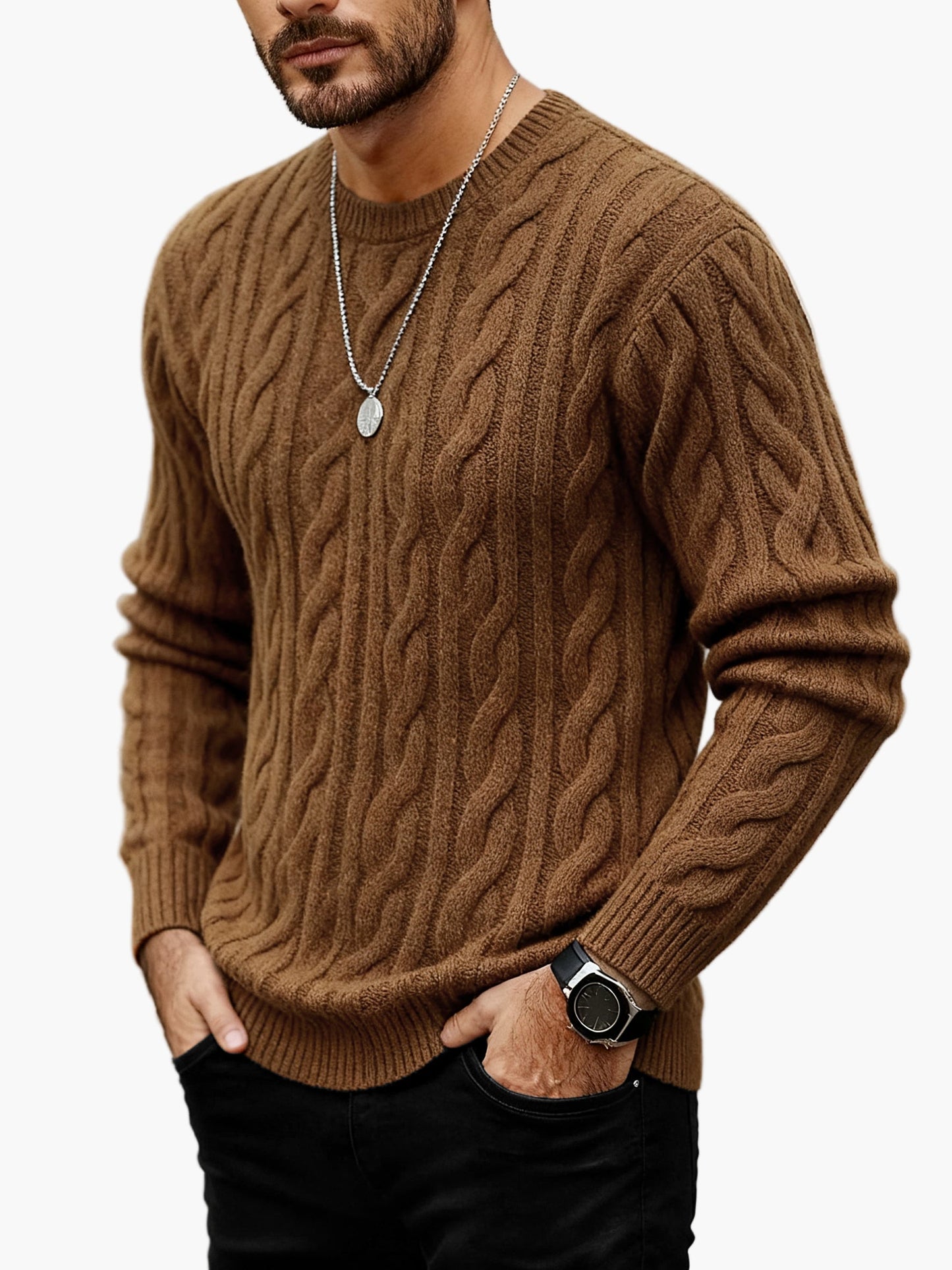 Herr Stickad Kabelmönstrad Tröja – Modern och Varm för Höst och Vinter, Casual Stil
