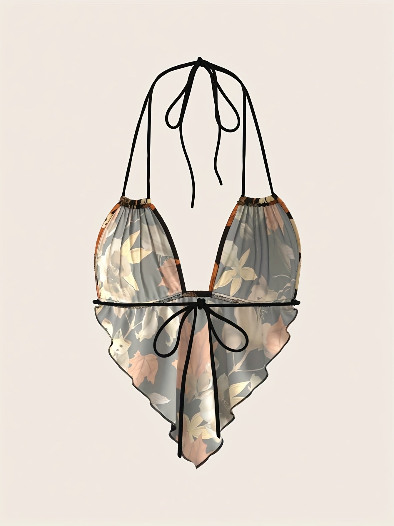 Dam Body – Djup V-ringning, Halterneck, Retro Blommig, Trendig Sommartopp