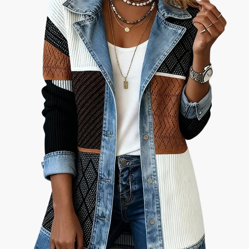 Damkavaj Elegant Långärmad Med Jeansdetaljer För Mode och Vardag