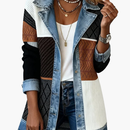 Damkavaj Elegant Långärmad Med Jeansdetaljer För Mode och Vardag