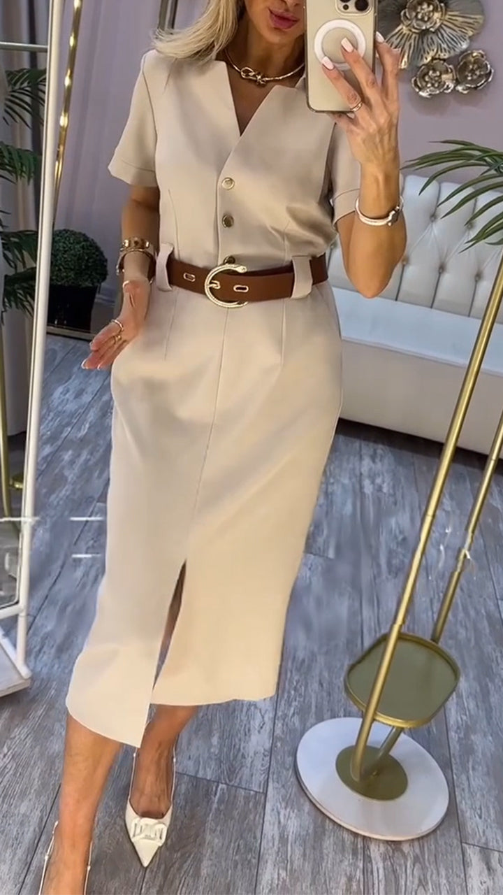 Beige Klänning Midi Kortärmad V-ringning Knappar Slits