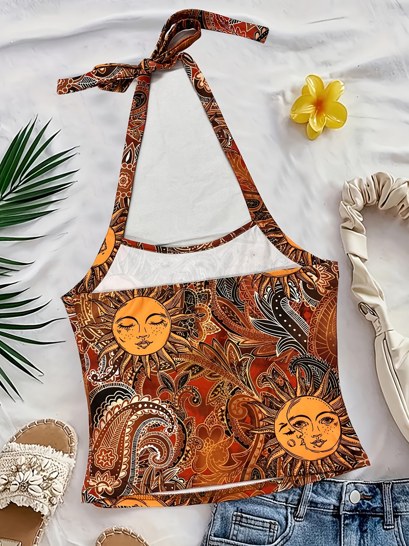 Dam Halterneck Top Vintage Bohemisk Sommarfest All Over Print