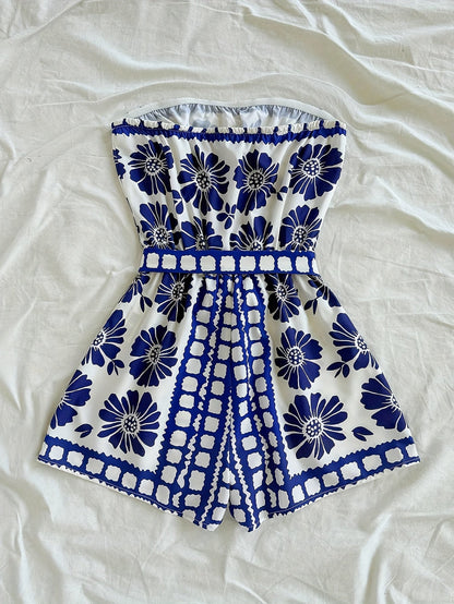 Dam Playsuit Bandeau Romper med Blommigt Mönster och Knytband – Perfekt för Sommar och Semester