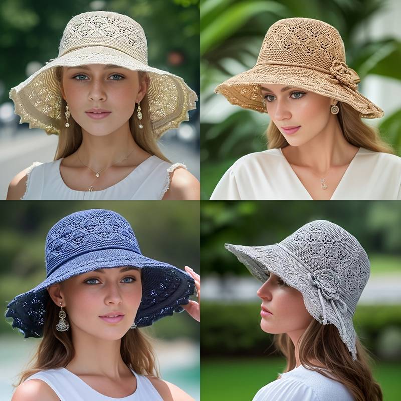 Virkningsmönstrad Solhatt för Dam med Bred Brätte och Blomdetalj