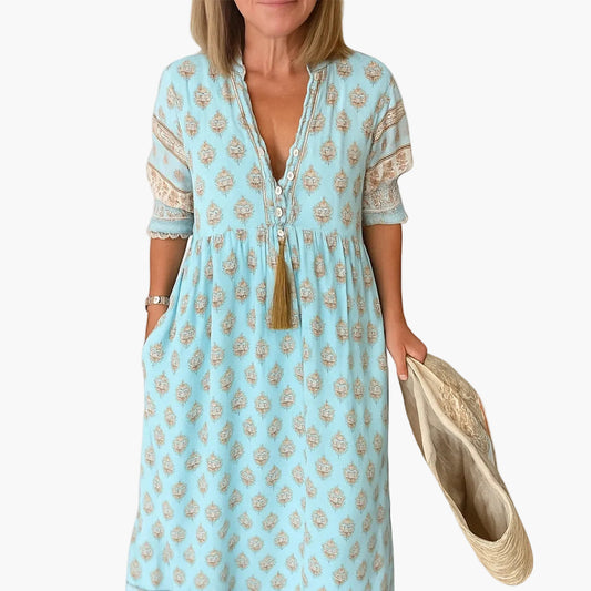 Damklänning Boho Stil Midi Avslappnad med Tryck och 3/4-Ärm för Sommar och Semester