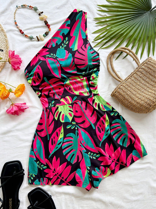 Dam Playsuit med Tropiskt Mönster och Asymmetrisk Enaxlad Design – Sommar, Fest och Semester