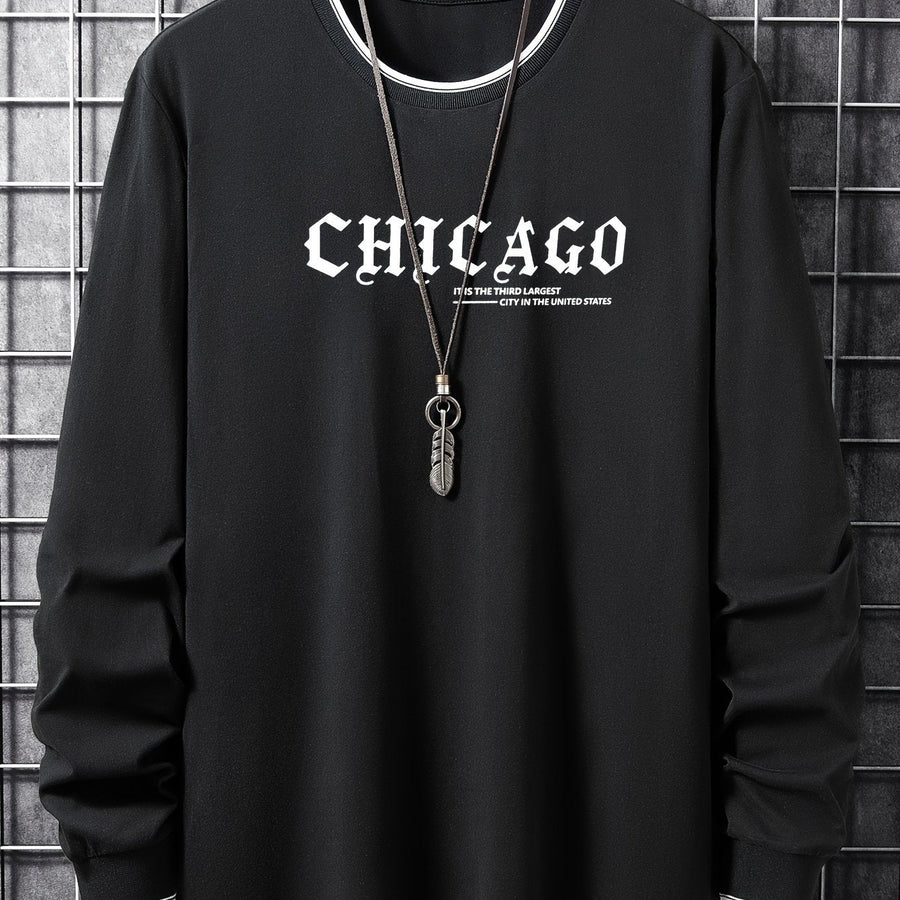 Tröja med lång ärm och Chicago-tryck, rund halsringning, randiga detaljer