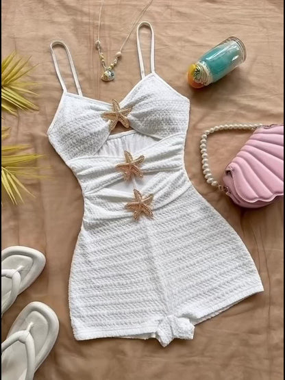 Dam Playsuit Strandmode med Sjöstjärne-detaljer och Trendiga Utskärningar – Perfekt för Semester och Poolparty