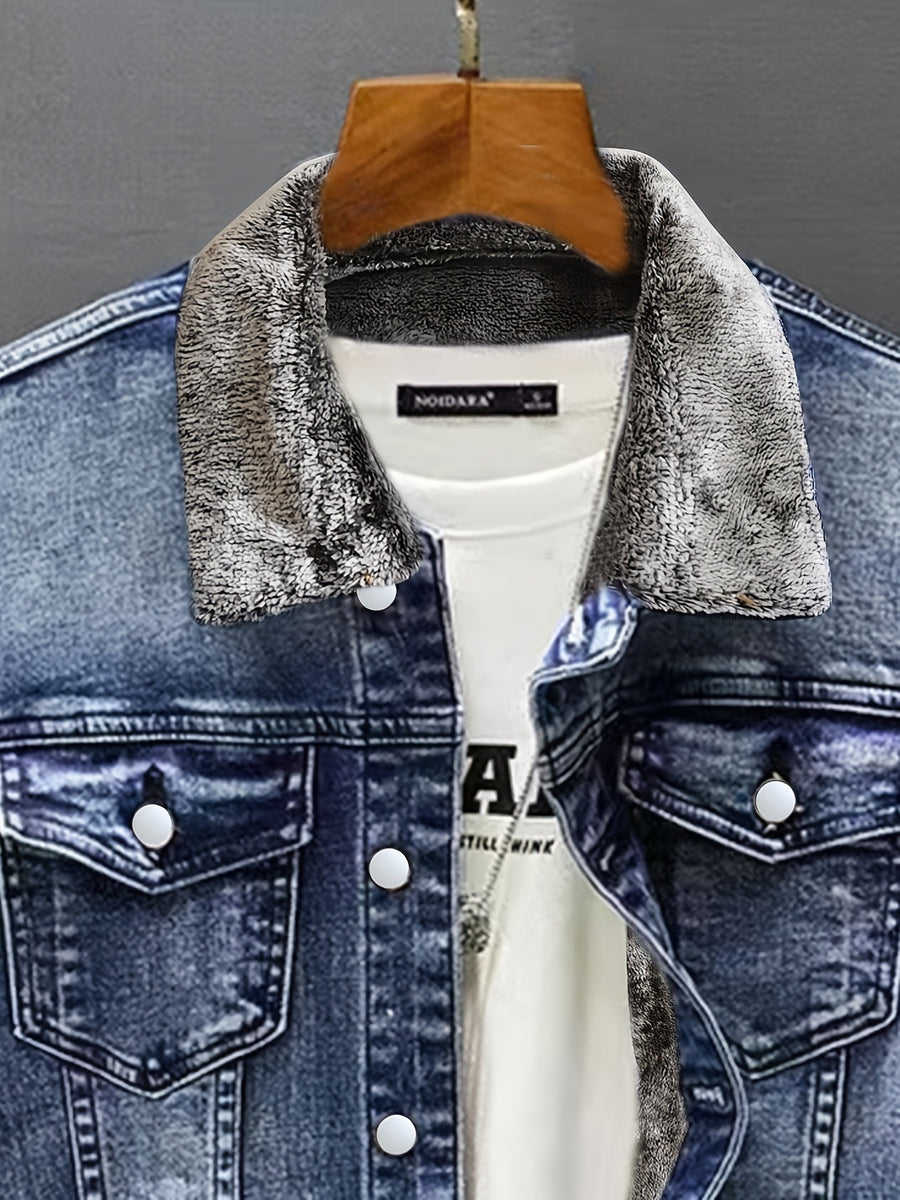 Jeansjacka med foder i teddytyg, ljusblå denim vinterjacka för män