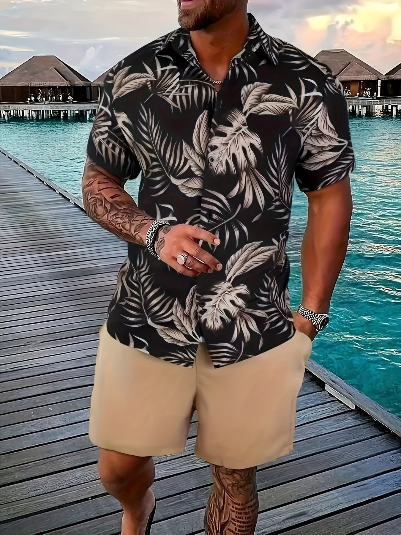 Herr Semester Set – Kortärmad Skjorta och Shorts med Tropiskt Mönster, Avslappnad Sommarstil