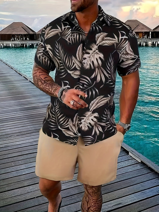 Herr Semester Set – Kortärmad Skjorta och Shorts med Tropiskt Mönster, Avslappnad Sommarstil
