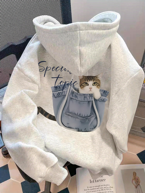 Ljusgrå hoodie med kattmotiv i ficka, mysig unisex huvtröja