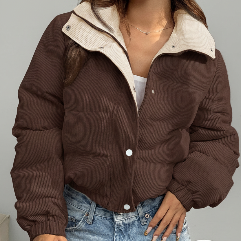 Kort corduroy pufferjacka med ståkrage i tvåfärgad design