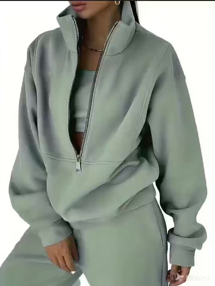 Damsweatshirt med halv dragkedja och hög krage, Salviagrön