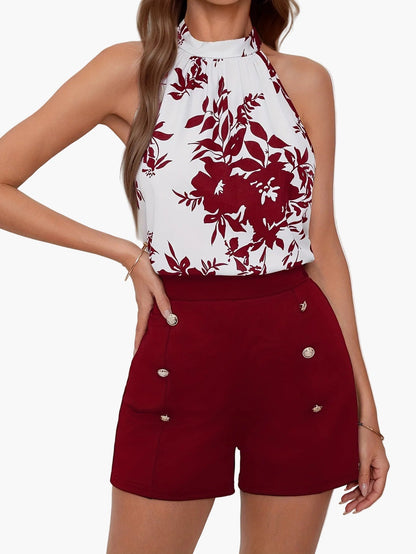 Dam Halterneck Blommig Topp och Knappar Shorts Set – Trendig Semesteroutfit