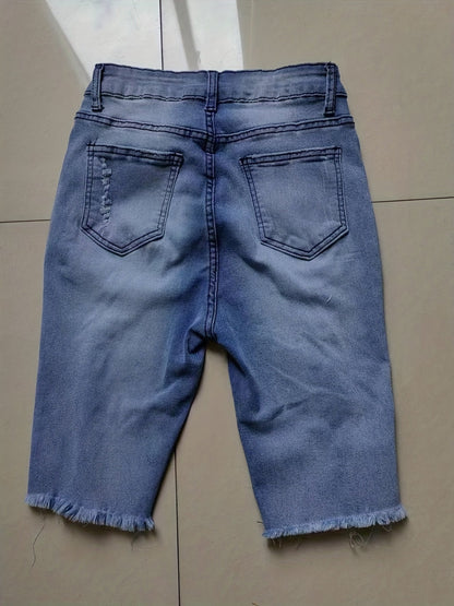 Dam Bermuda Shorts med Ripped Detaljer och Fransad Kant – Trendiga Jeansshorts för Sommar och Vardag