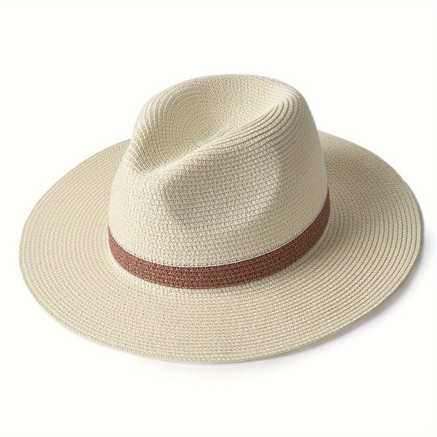 Fedora-hatt i halmimitation med band, khakifärgad