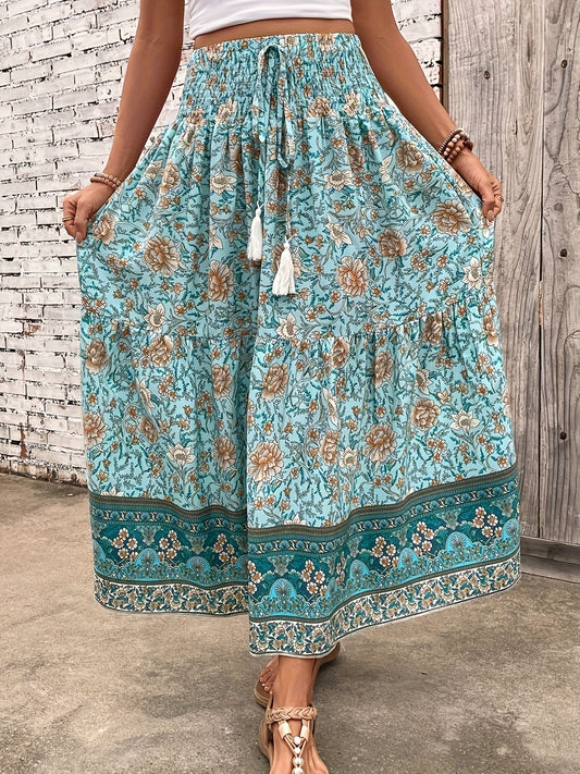 Dam Kjol Boho Lång Blommig Elegant Sommarmode Fickor