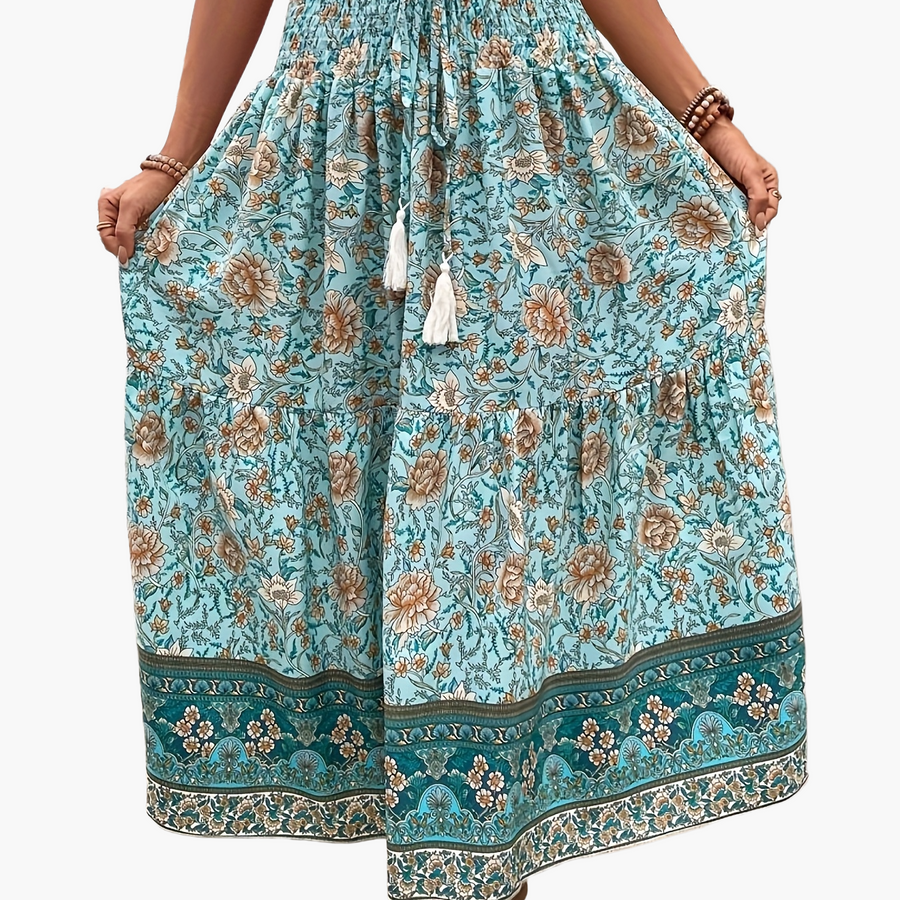Dam Kjol Boho Lång Blommig Elegant Sommarmode Fickor
