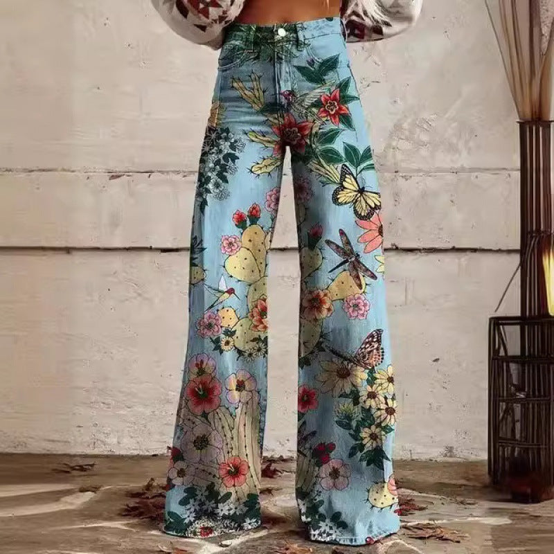 Jennifer – Tryckta Högmidjade Långa Byxor i Premium Vegan Denim