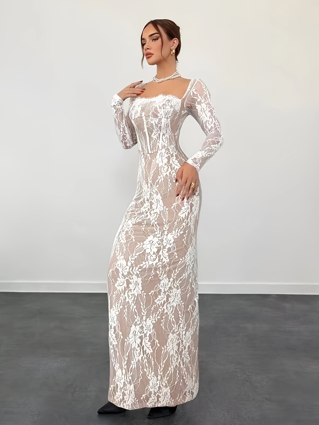 Dam Klänning Elegant Bodycon Långarmad Festklänning med Spetsdetaljer