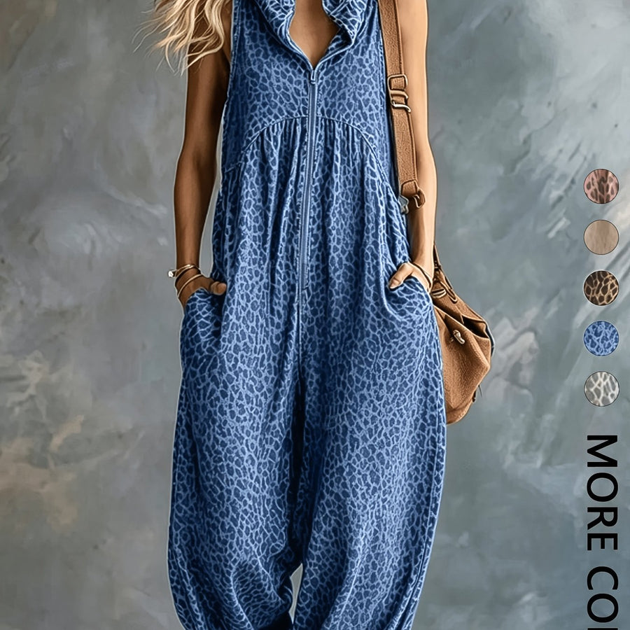 Leopardmönstrad damjumpsuit med huva och dragkedja, ärmlös