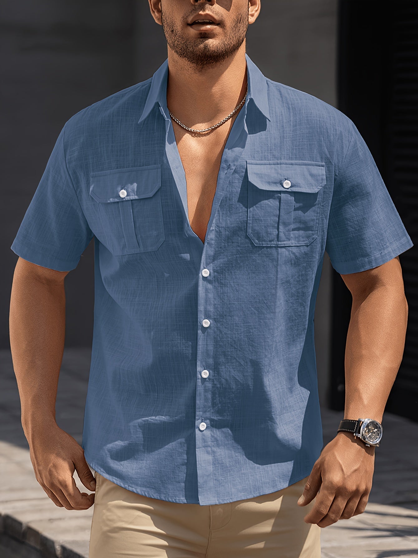 Herr Skjorta Kortärmad Casual Med Bröstfickor Perfekt För Sommar och Helg