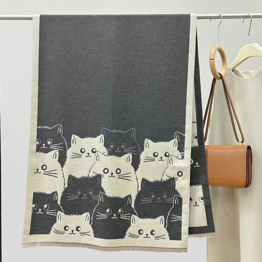 Poncho med kattmotiv och fransar, brun