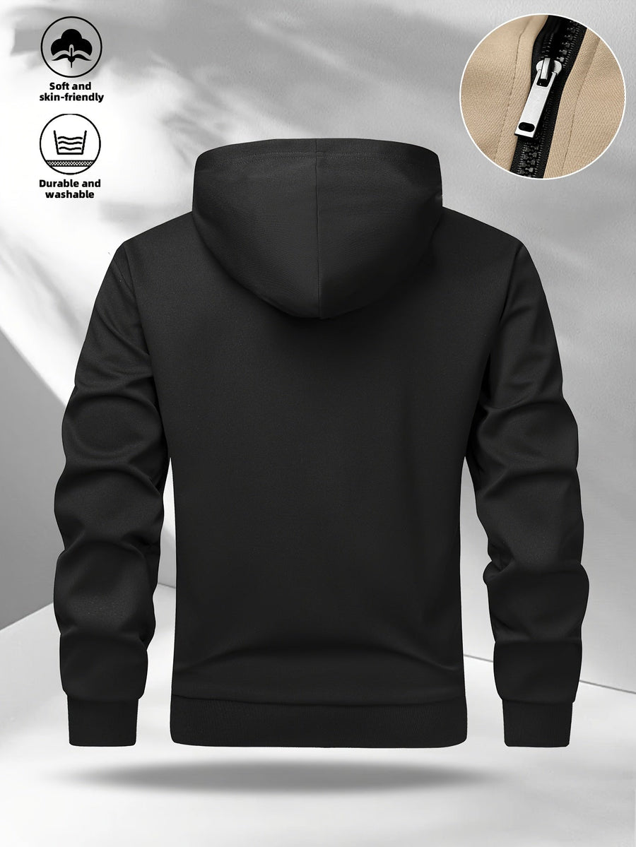 Hoodie med dragkedja, tvåfärgad blockdesign och luva