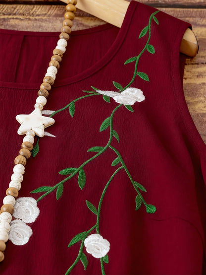 Damklänning med broderi, ärmlös, elegant vår- och sommarklänning, A-linjeformad