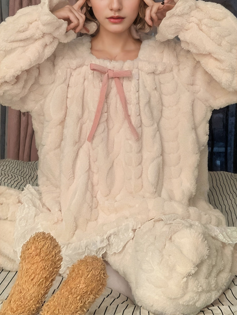 Mysig Pyjamas i Mjukt Material för Dam, Ljusbeige, Volangkant, Tvådelad