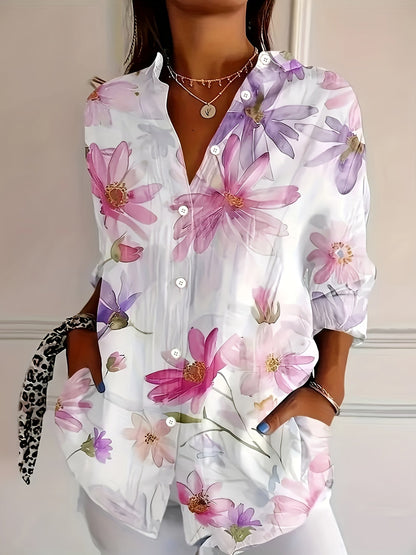 Dam Blommig Långärmad Skjorta – Elegant Vår/Sommar Stil för Avslappnad och Trendig Look