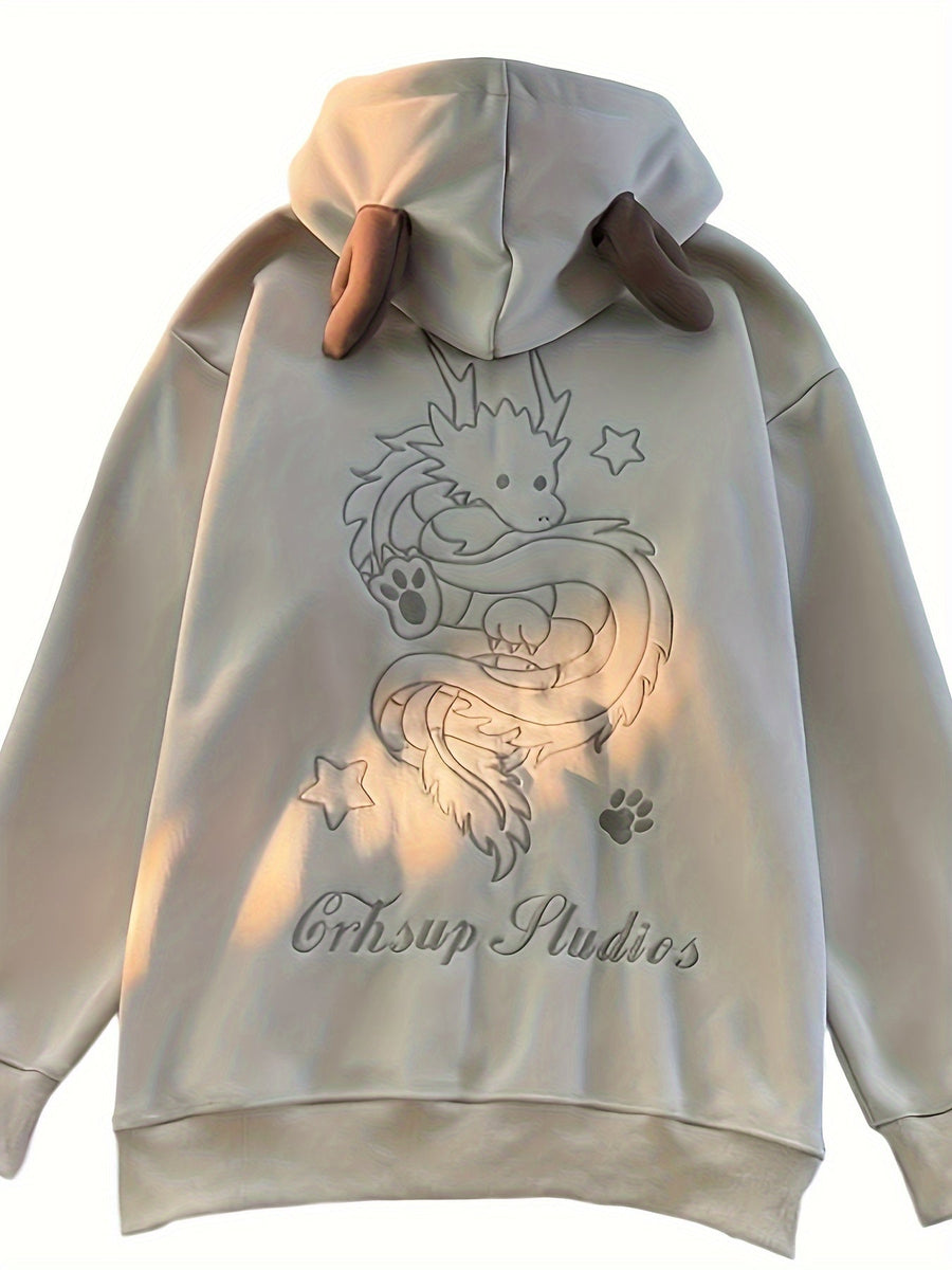 Beige Hoodie med Drakmönster och Horn, Dragkedja, Ribbade Muddar, Lös Passform