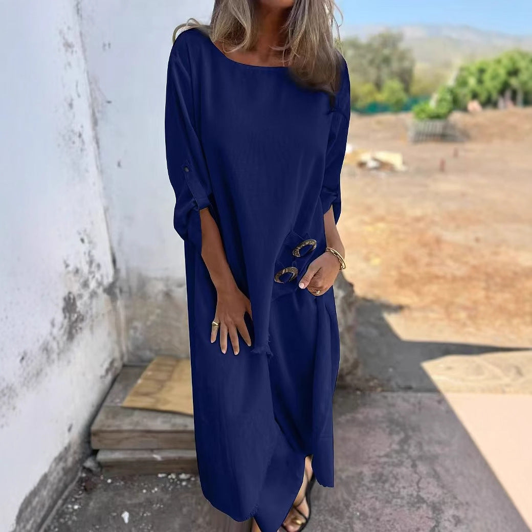 Imogen – Lång kostym med metallknappdesign och rund hals, långärmad topp och raka byxor