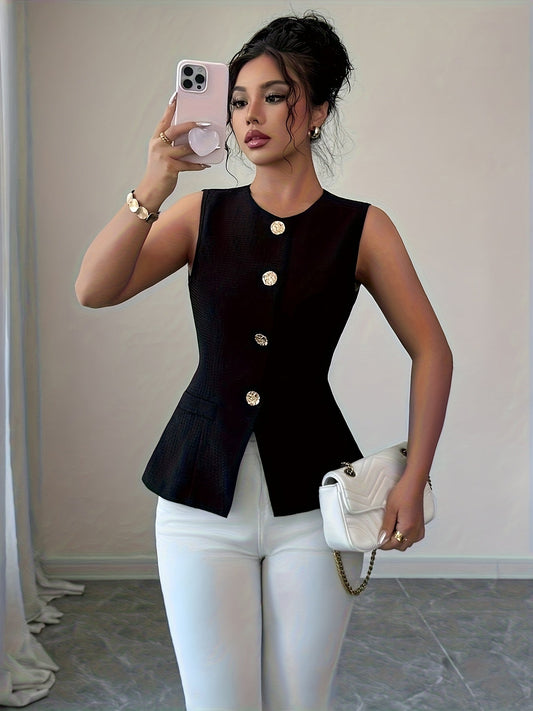 Dam Elegant Figursydd Ärmlös Blus med Knappar för Kontor och Fest