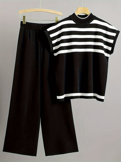 Dam Set Elegant Randig Topp och Vida Byxor för Vår/Sommar - Avslappnad Chic Outfit