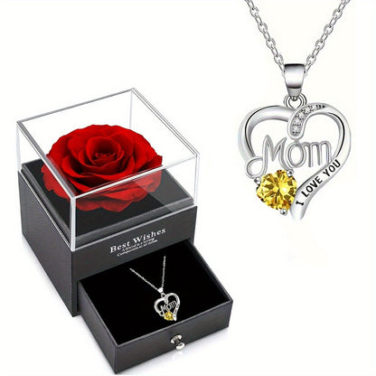 Smyckeset för Dam – Halsband med Hjärtformat 'Mom I Love You'-Hänge och Evighetsros i Presentask – Perfekt Gåva till Mamma