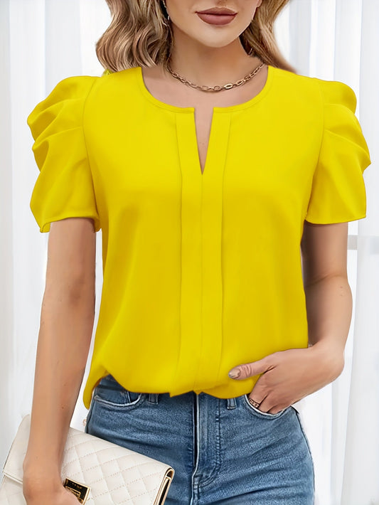 Dam Elegant Blus med Puffärm och Split Neck - Kontor & Fest