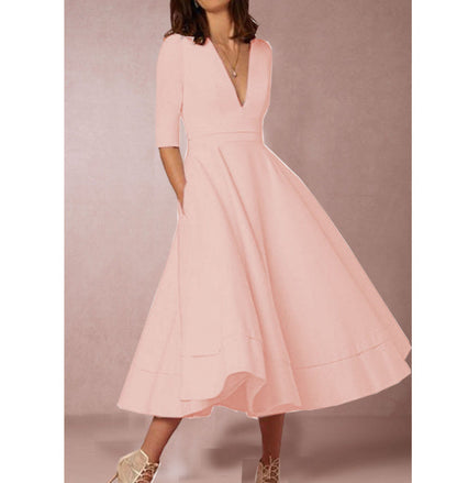 Damklänning Vintage A-linje V-ringad Midi Fest Elegant