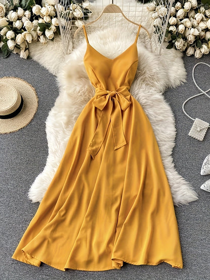 Dam Klänning Maxiklänning med Camisole-Stil och Elegant Midjeband – Perfekt för Fest och Sommarbruk