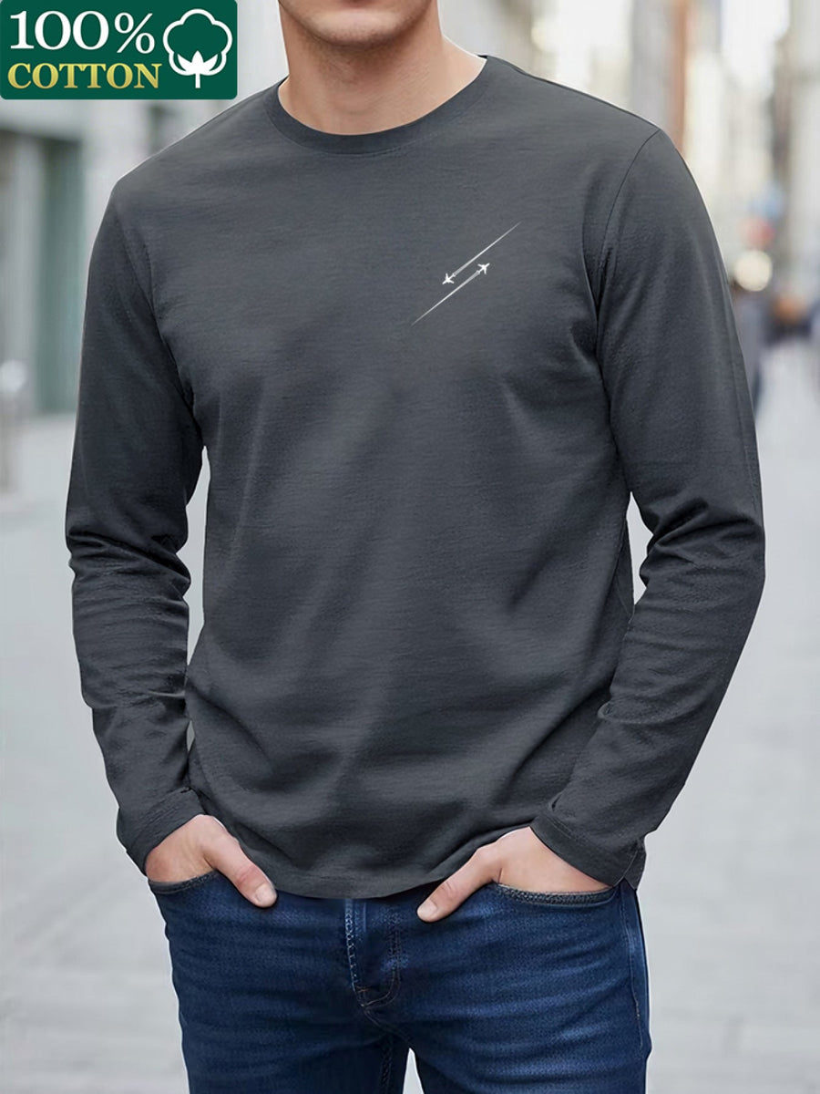 Herr Långärmad T-shirt med Rund Hals och Linjemönster