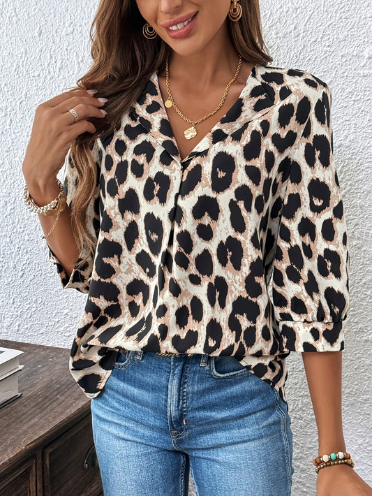 Dam Elegant Leopardmönstrad Blus med Lång Ärmar – Perfekt för Vardag och Arbete