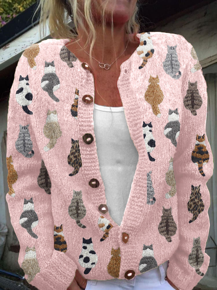 Cardigan med kattmönster och knappar, stickad beige
