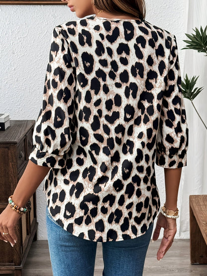 Dam Elegant Leopardmönstrad Blus med Lång Ärmar – Perfekt för Vardag och Arbete