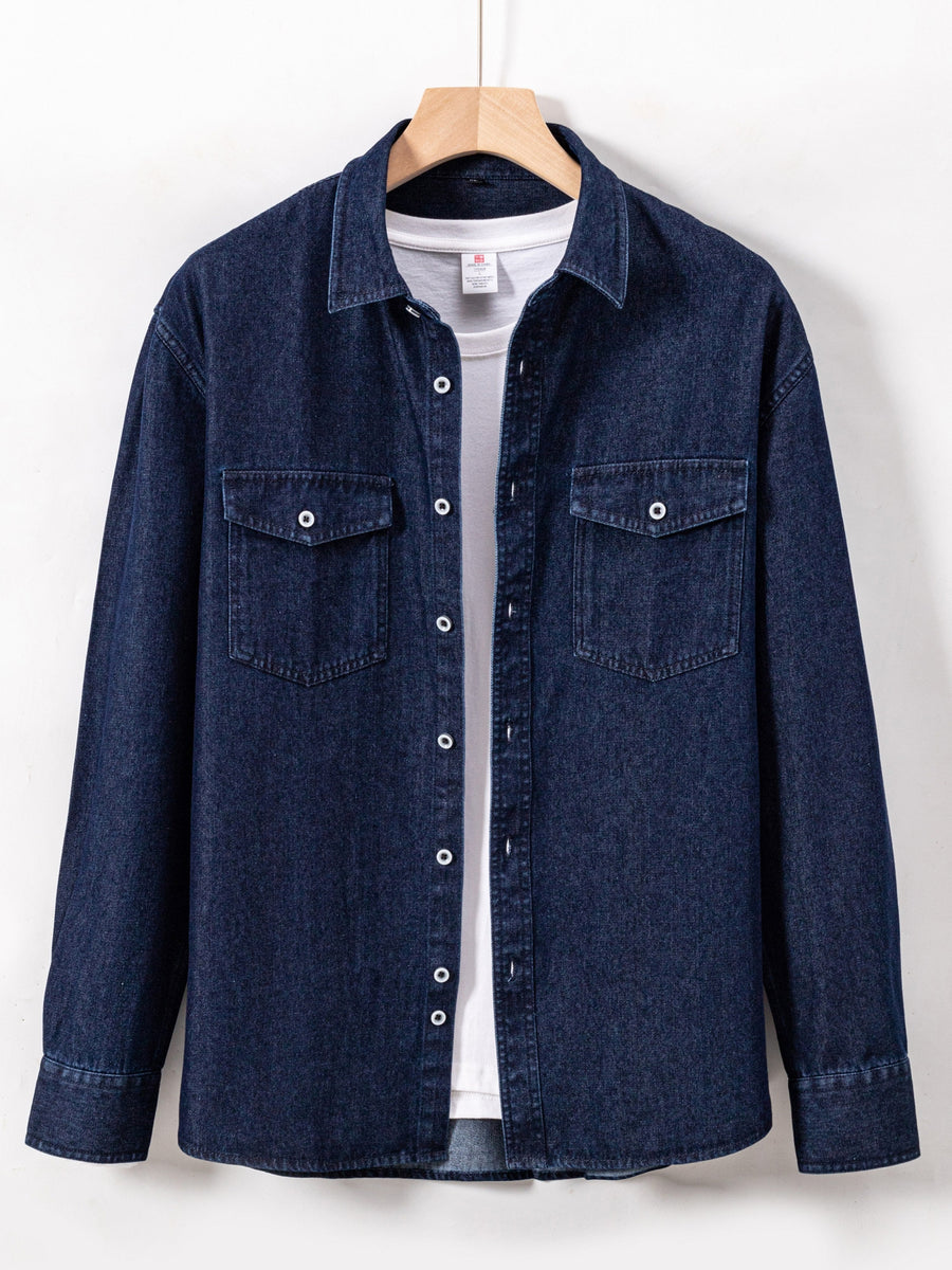 Jeansskjorta med lång ärm och bröstfickor i denimlook
