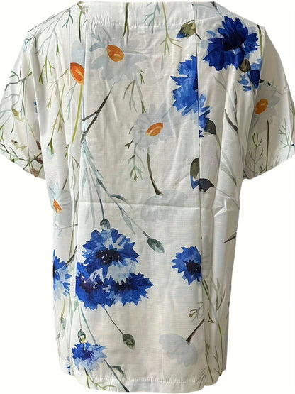 Dam Blus Vintage Blommig Kortärmad Sommartopp med Knappar